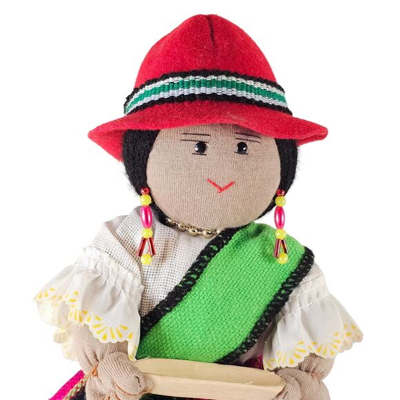 Handmade Bolivian Cloth Doll 9" Traditional Dress Red Hat Colorful Skirt & Beads - Picture 12 of 16